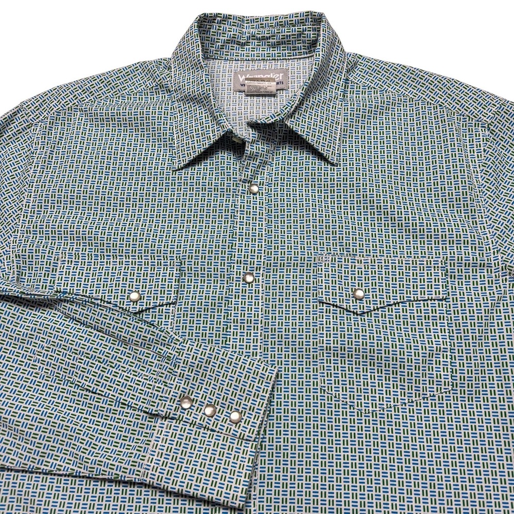 Wrangler Wrancher Shirt Mens Large Blue Geometric Pearl Snap Western MTW1432